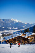 View over alpine hut and restaurant to Dachstein Mountains, Hochwurzen, Ski Amade, Schladming, Styria, Austria
