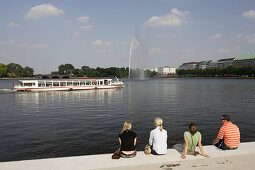 Inner Alster Lake, tourists, fountain,  Jungferstieg Street, City, Hamburg
