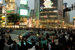 Business people, Rush-hour, taxi, large intersection in front of the Shibuya Station, Hachiko Exit,  subway, Metro, station, JR Yamanote Line,Tokio, Tokyo, Japan