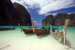 Boats anchoring in the Maya Bay, a beautiful scenic lagoon, famous for the Hollywood film "The Beach", Ko Phi-Phi Leh, Ko Phi-Phi Islands, Krabi, Thailand, after the tsunami