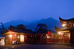 Wannian monastery and temple, pilgrims hostel, small restaurant, Emei Shan, Sichuan Province, Emeishan, Mount Emei, World Heritage, UNESCO, China, Asia