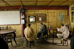 Monks eating at the canteen in front of the television, Xixiang Chi monastery, Emei Shan, Sichuan province, China, Asia