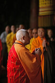 monk, abbot, prayer, Taihuai, Wutai Shan, Five Terrace Mountain, Buddhist Centre, town of Taihuai, Shanxi province, China, Asia