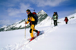Three people on a skitour, Stubai, Tyrol, Austria