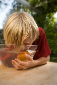 Junge isst einen Apfel in einer Wasserschüssel, Kindergeburtstag