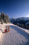 Toboggan-run in winter landscape with two sledges, Natrun, Maria Alm, Salzburg, Austria