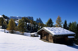 Heustadel auf der Seiseralm mit Schlern, Dolomiten, Südtirol, Italien