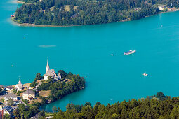 Aerial shot of Maria Wörth, Wörthersee (biggest lake of Carinthia), Carinthia, Austria