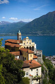 Pilgrimage church Madonna del Sasso, panoramic view over Lake maggiore, Orselina, near Locarno, Ticino, Switzerland