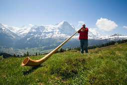 Mann spielt Alphorn, Bussalp 1800 m, Grindelwald, Berner Oberland, Kanton Bern, Schweiz