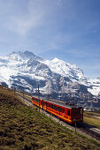 Mountain Railway, Jungfraubahn leaving Kleine Scheidegg station 2061 m, on the way to Jungfraujoch, highest railway station in Europe, Jungfrau in the background, Bernese Oberland, Canton of Bern, Switzerland