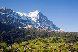 View over Grindelwald, to Kleine Scheidegg and Eiger (3970 m), Grindelwald, Bernese Oberland (highlands), Canton of Bern, Switzerland