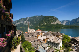 Panoramic view over Hallstatt with Protestant Christ church and Lake Hallstatt, Salzkammergut, Upper Austria, Austria