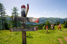 Three hikers arriving sign post, Bichlalm (1731 m), Grossarl Valley, Salzburg, Austria