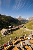 View over a terrace of a mountain restaurant ot the Matterhorn (4478 m), Findeln, Zermatt, Valais, Switzerland