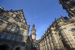 View of the chateau and the cathedral from Schlossplatz square, Dresden, Germany