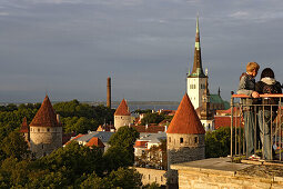 View of old town from Rohukohtu Terrace. The towers of the citywalls in the front, St. Michael Monastery and Olai Church in the background, Tallinn, Estonia