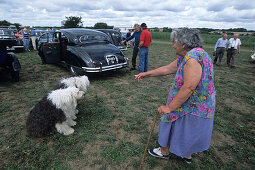 Sit!, Woman with English Sheepdogs, Northiam Steam and Country Fair, Northiam, East Sussex, England, Great Britain