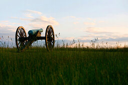 Cannon on a former battlefield at sundown, Manassas, Virginia, USA