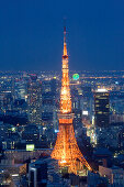 Stadtansicht und Tokio Tower bei Nacht, Roppongi Hills, Tokio, Japan, Asien