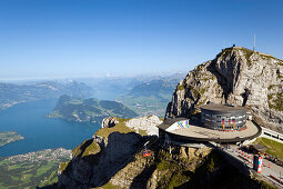 Hotel Bellevue in front of mount Esel (2118 m), panoramic view over Lake Lucerne, Pilatus (2132 m), Pilatus Kulm, Canton of Obwalden, Switzerland