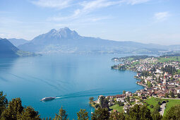 View over Weggis at Lake Lucerne to mountain Pilatus (2132 m) in background, Weggis, Canton of Lucerne, Switzerland