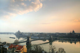 View of Budapest and the Danube at dusk, Budapest, Hungary