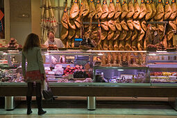 Hams, cold meats, market, Valencia, Spain