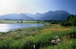 View over lake Schmalensee to Karwendel range, Upper Bavaria, Bavaria, Germany