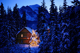 Snow covered log house and Christmas Tree, Post hotel, lake louise, Alberta, Canada
