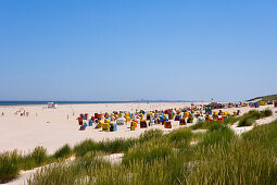 View over beach with beach chairs, Juist Island, East Frisian Islands, Lower Saxony, Germany