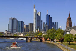 Frankfurt skyline with Main river and Commerzbank, Frankfurt, Hesse, Germany