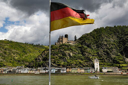 German flag in wind, Katz castle in background, St. Goarshausen, Rhineland-Palatinate, Germany