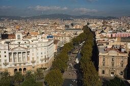 La Rambla, bird eye view from Monument a Colom, Les Rambles, Ciutat Vella, Barcelona, Spanien