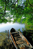 Rowing boat at shore of lake Langbürgner See, Chiemgau, Upper Bavaria, Bavaria, Germany