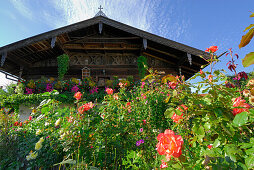 Flower garden in front of farmhouse, Petting, lake Waginger See, Chiemgau, Upper Bavaria, Bavaria, Germany