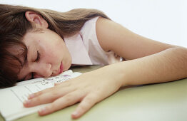 Children only, Color, Colour, Contemporary, Dark-haired, Education, Exhausted, Exhaustion, Female, Girl, Girls, Head, Heads, Homework, Horizontal, Human, Indoor, Indoors, Inside, Interior, Kid, Kids