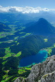 Panoramic view from mount Scheffauer over lake Hintersteiner and mount Poelven, Kaiser range, Tyrol, Austria