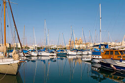 Sailing boats at the marina in front of St. Joseph Church, Msida Creek, Malta