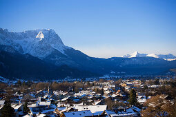 Zugspitze (right) and Alpspitze with Garmisch-Partenkirchen, Upper Bavaria, Germany