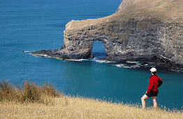 Walker watching seascape with arch. Sleepy Bay. Banks Peninsula walkaway. Canterbury. New Zealand