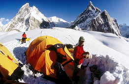 Cooking outside tent camp, Concordia. Baltoro glacier, Karakoram, Pakistan