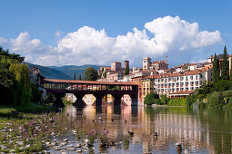 Alpini Bridge, Ponte degli Alpini, covered wooden pontoon bridge designed by the architect Andrea Palladio, Bassano del Grappa, Veneto, Italy