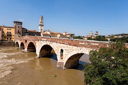 View of the Ponte di Pietra over the Adige river, Verona, Veneto, Italy