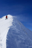 Skitourgeherin im Aufstieg an einem Gipfelgrat, Kleinwalsertal, Allgäuer Alpen, Vorarlberg, Österreich
