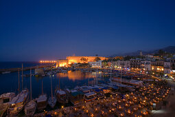 Kyrenia harbour and Kyrenia castle at night, Kyrenia, Girne, North Cyprus, Cyprus