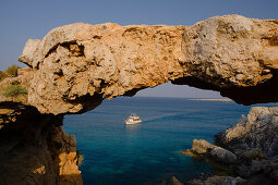 Rocky coastal landscape with natural bridge, Cape Gkreko, near Protaras, near Agia Napa, South Cyprus, Cyprus