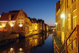 Old Town of Ghent at night, Reflection in the water, Flanders, Belgium