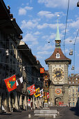 Zaehringer Fountain and Zytglogge Tower, Kramgasse, Old City of Berne, Berne, Switzerland