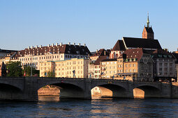 View of the old city of Basel with St. Martins Church in the background, Mittlere Rheinbrücke, Basel, Switzerland